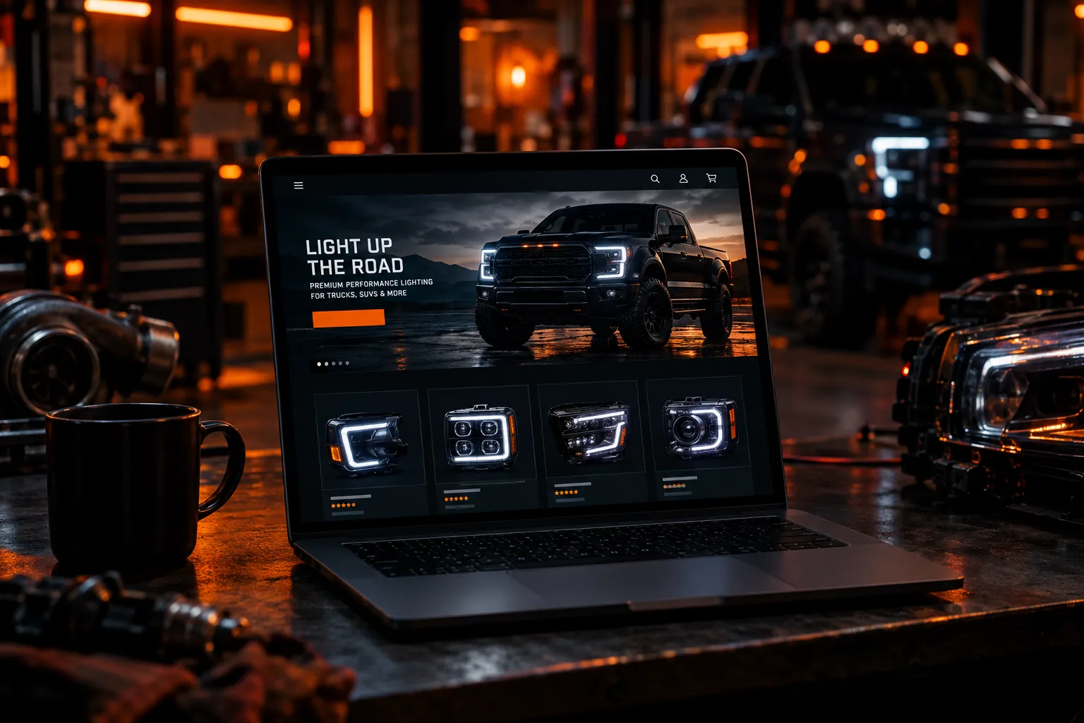 Laptop in an automotive workshop showing a performance lighting storefront with headlight product tiles